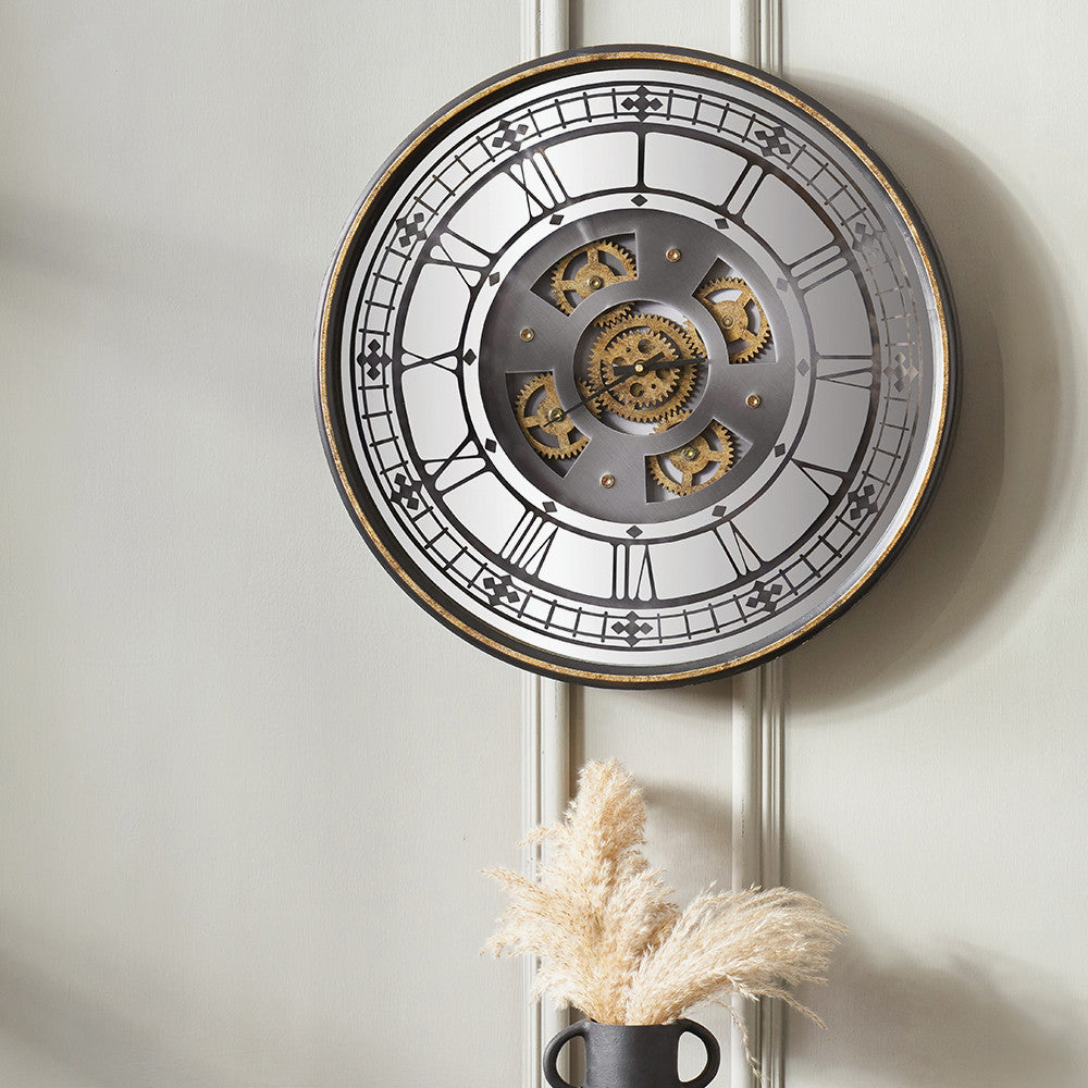 Antique Gold Wood & Mirror Working Cog Round Wall Clock